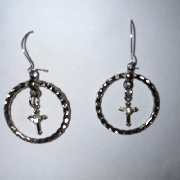 Dangling Hoop with Cross & Diamond GemStone Earrings - Picture 2 of 3